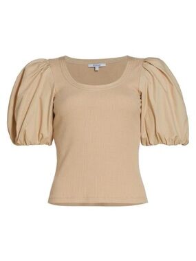 10 Crosby Derek Lam Beige Puff-Sleeve Ribbed Scoop Top
